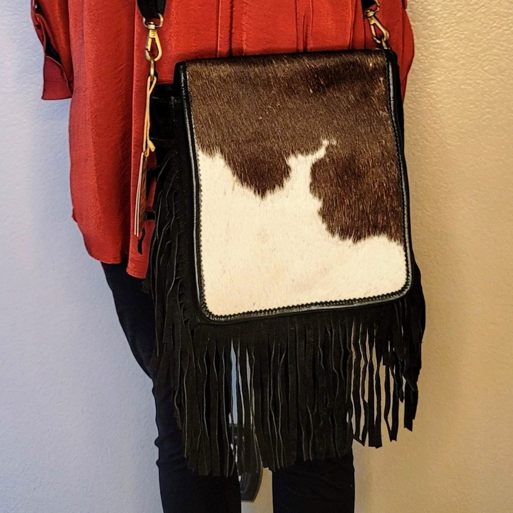 100% Cowhide leather bag with fringes, over the shoulder bag for women